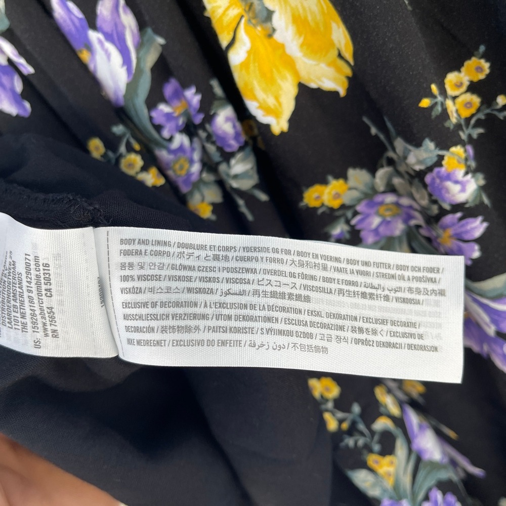 Abercrombie & Fitch Black Floral Wrap Mini Dress Purple Yellow Flowers XS - Picture 6 of 6